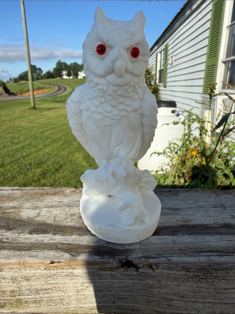 Vintage white alabaster owl figurine with stunning red eyes